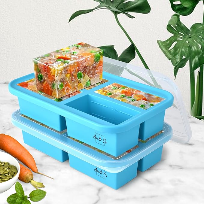 2 Pack Silicone Freezer Trays with Lids, BPA Free Soup Freezer Containers, 1 Cup Silicone Freezer Molds for Soup, Broth, Sauce and Ice