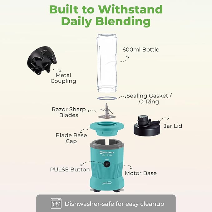 Mix&Shake Blender, 20 oz Portable Blender, 600W Motor, Pulse, ON/OFF Functions, Stainless Steel Blades, Shakes, Sauces, Smoothie Maker, (1) 20 oz To-Go Bottle, Green, MSKM-600 V