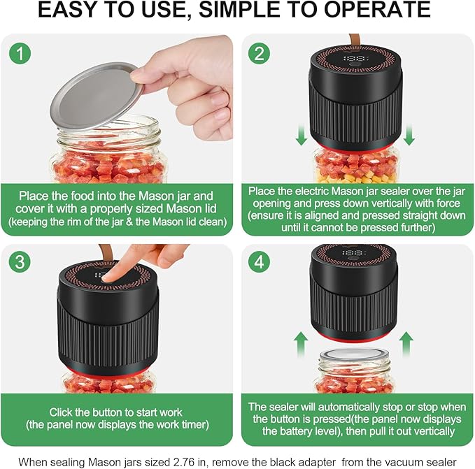 Upgraded 4-in-1Electric Mason Jar Vacuum Sealer Kit for Wide &Regular Mouth Jars,Wine Bottles,Vacuum Bags,Containers,Portable Automatic Canning Vacuum Sealer Machine for Kitchen,RV Travel Food Storage