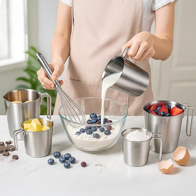 Newness 2-Pack Stainless Steel Measuring Cups Set, (3 Marking Including Cup/ML/Oz Scale) (2 & 3 Cup) Metal Measuring Cup with Handle For Prepping, Baking and Cooking, Dishwasher, Microwave Safe