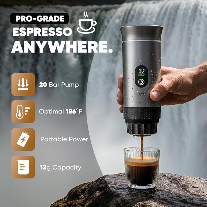Portable 3-in-1 Espresso Coffee Maker, Self-Heating & Rechargeable with Smart Display — Works with Ground Coffee, Small & Large Capsules; Travel & Camping Mini Machine, 20-Bar Extraction, 80 ml Cup
