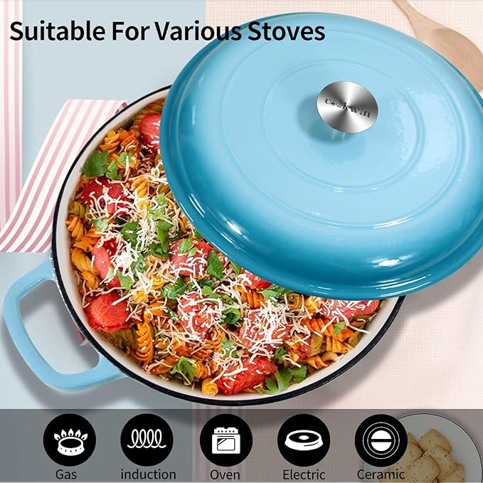 COOKWIN Cast Iron Casserole Braiser, 3.8 Quart,Heavy Duty Casserole Skillet with Lid and Dual Handles, Porcelain Enameled Surface Cookware Pot, Mother's Day Gifts for Family Light Blue