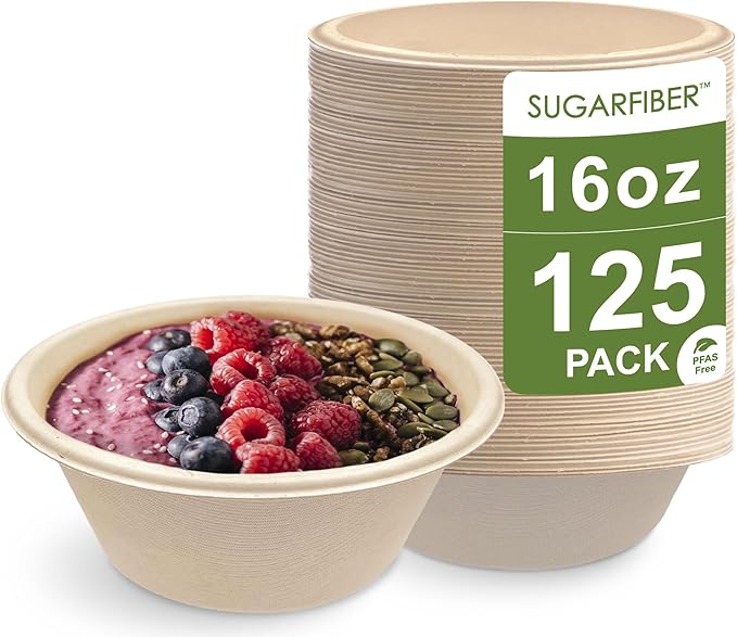 [125 Count]Harvest Pack Compostable Paper Bowls, 16oz PFAS FREE Round Biodegradable Bowl, Heavy-Duty Eco-Friendly Disposable, Sugarcane Bagasse Natural plant fibers Takeout, Alternative to Plastic