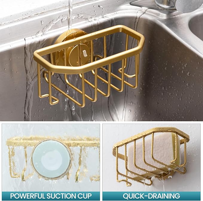 TAILI Sponge Holder for Kitchen Sink with Strong Suction Cup, Rustproof Aluminum Sink Caddy for Sponges, Brushes, Stoppers & Scrapers, Gold