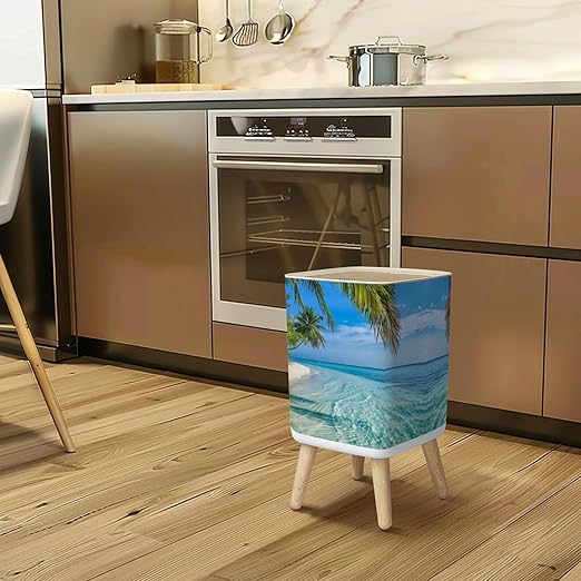 Small Trash Can with Lid Maldives Island Wastebasket with Press Cover Dog Proof Garbage Can Waste Bin for Kitchen Bathroom Nursery 2.6 Gallon