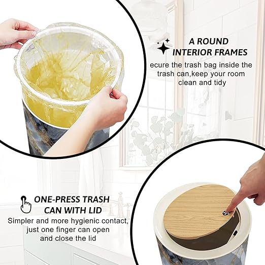 Trash Can with Lid White Yellow Patterned Detail Structure Gray Marble Texture Press Top Round Small Garbage Bin with Wooden Legs Waste Basket for Kitchen Bedroom Nursery 7L/1.8 Gallon
