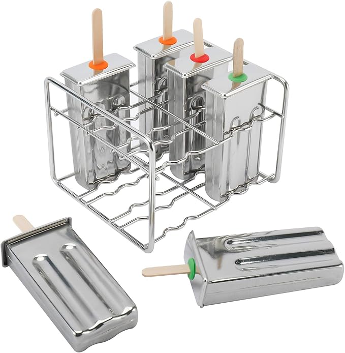 6 Sets Stainless Steel Popsicle Molds Rack and Accessories, Rust-Resistant Popsicle Maker, 6pcs Leak-Proof Silicone Seals, 50pcs Wooden Sticks and Bonus Cleaning Brush
