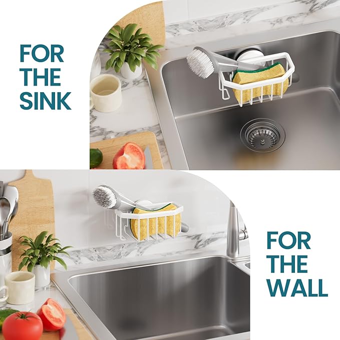 TAILI Sponge Holder for Kitchen Sink with Strong Suction Cup, Rustproof Aluminum Sink Caddy for Sponges, Brushes, Stoppers & Scrapers, White