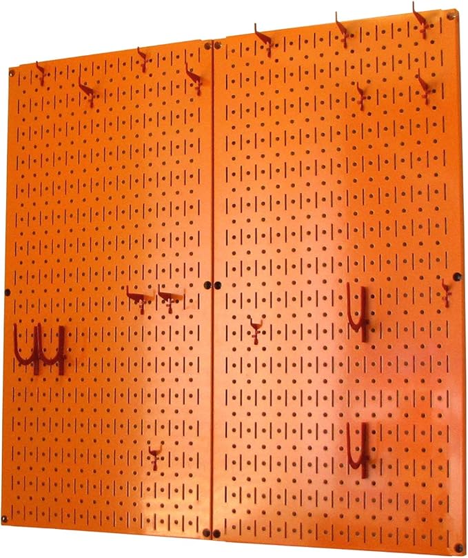 Wall Control Kitchen Pegboard Organizer Pots and Pans Storage Rack Organization Kit with Orange Pegboard and Red Accessories