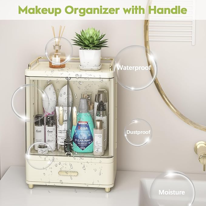 Webetop Cosmetic Organizer Countertop, Makeup Storage Organizers with Drawers & Magnetic Doors, 15.3" Tall Skincare Organizer for Vanity, Bathroom Counter, Dresser, Dustproof Make up Organizer