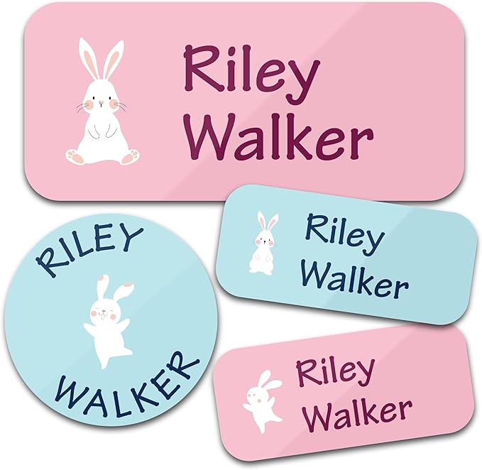Personalized Daycare Name Labels for Kids (130 Labels) - Custom Waterproof Name Stickers for Clothing Tags, Water Bottles, Lunch Boxes and School Supplies (Bunny)