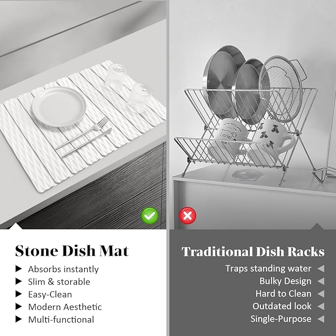 Large Stone Dish Drying Mats for Kitchen Counter, 24"×16" Wave-Pattern, Fast Drying Collapsible Dish Drying Mat, Eco-Friendly Absorbent Diatomaceous Earth Mats for Dishes Bottles, Match Countertop
