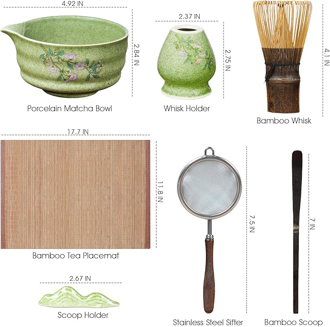Matcha Whisk Set, 7-Piece Japanese Matcha Kit with Floral Ceramic Bowl & Holder, Natural Bamboo Matcha Whisk, Scoop, Large Bamboo Mat, Wooden Handle Sifter –Elegant Tea Ceremony Gift for Matcha Lovers