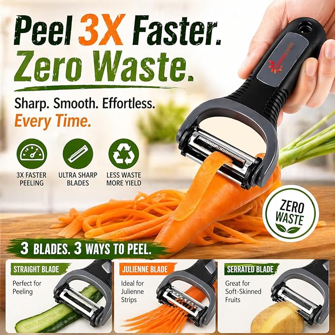 Peel 3X Faster Vegetable Peeler Set (3-Piece) – Ultra-Sharp Stainless Steel Y Peeler, Julienne & Swivel Peeler – Non-Slip Ergonomic Handle for Potatoes, Carrots, Apples
