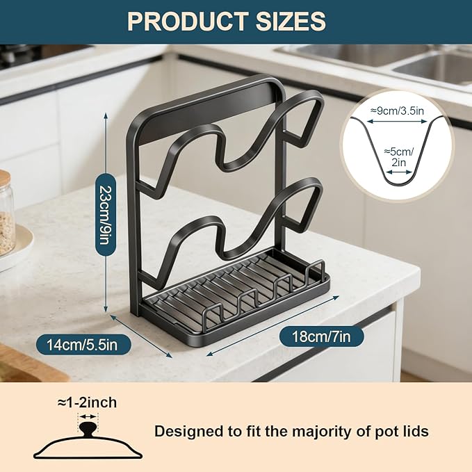 Kitchen Pot Lid Storage Rack: Carbon Steel Double-Layer Holder & Spoon Rest with Removable Drip Tray, Pot Cover Holder While Cooking, Pot Lid Organizer for Kitchen Counter Space Saving(Gray)