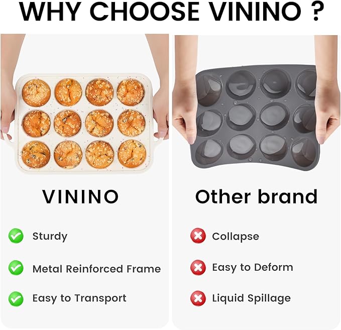 Vinino 1Pack Silicone Muffin Pan for Baking with Metal Reinforced Frame, 12 Cup Regular Size Cupcake Pan, BPA Free Silicone Muffin Tray, Cupcake Baking Pan Molds for Oven Dishwasher Safe - Cream