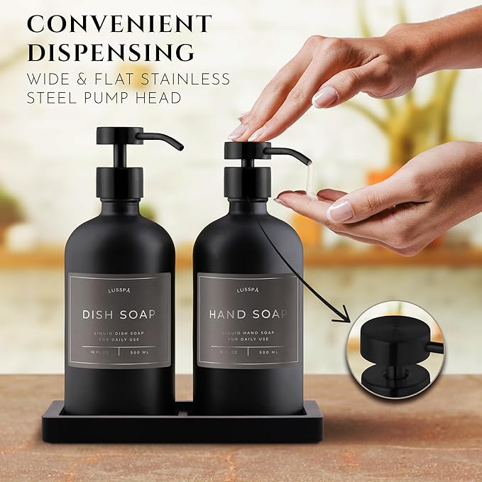 Glass Soap Dispenser Set of 2 (Black) with Silicone Tray | Hand and Dish Soap Dispenser for Kitchen and Bathroom | 16.8 Oz Glass Bottles with Stainless Steel Pump & 15 Waterproof Labels (Black)