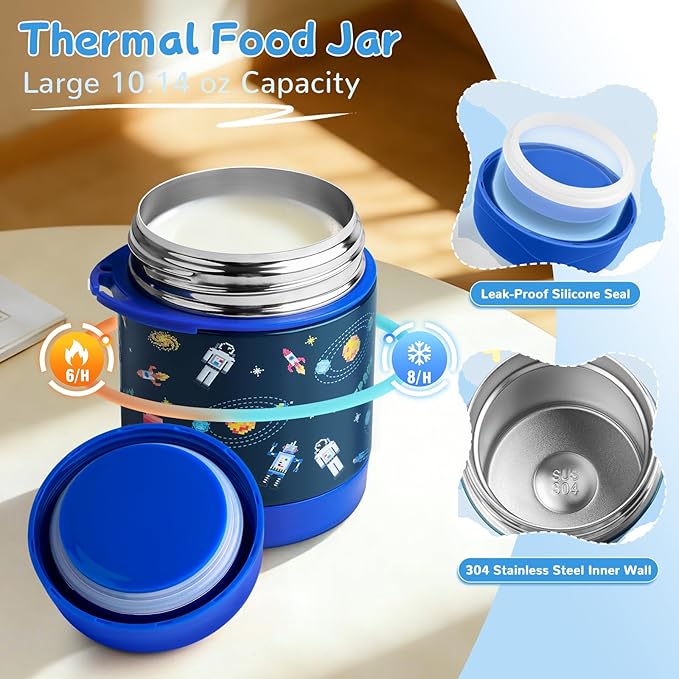 REDSHELL Bento Lunch Box for Kids Set, Leakproof Food Jar Pail with Insulated Bag, Toddler Snack Container Lunchbag Boys Daycare, Back to School Lunchbox Kit, Includes Bottle Holder Strap, Dark Blue