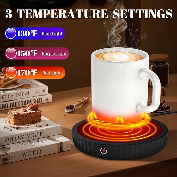 Mug Warmer, Coffee Mug Warmer with Three Temperature Settings, Auto Shut Off Coffee Warmer, Mug Warmer for Desk with Large Heating Plate, Easy to Clean Coffee Cup Warmer for Milk,Tea and Chocolate