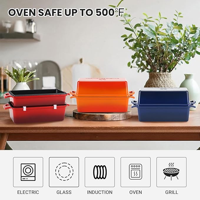 Northriver Casting 2 in 1 Enameled Cast Iron Bread Pan with Lid, Perfect Bread Oven, Loaf Pans for Baking Homemade Sourdough Bread 9x5, 2 Piece set, Navy Blue