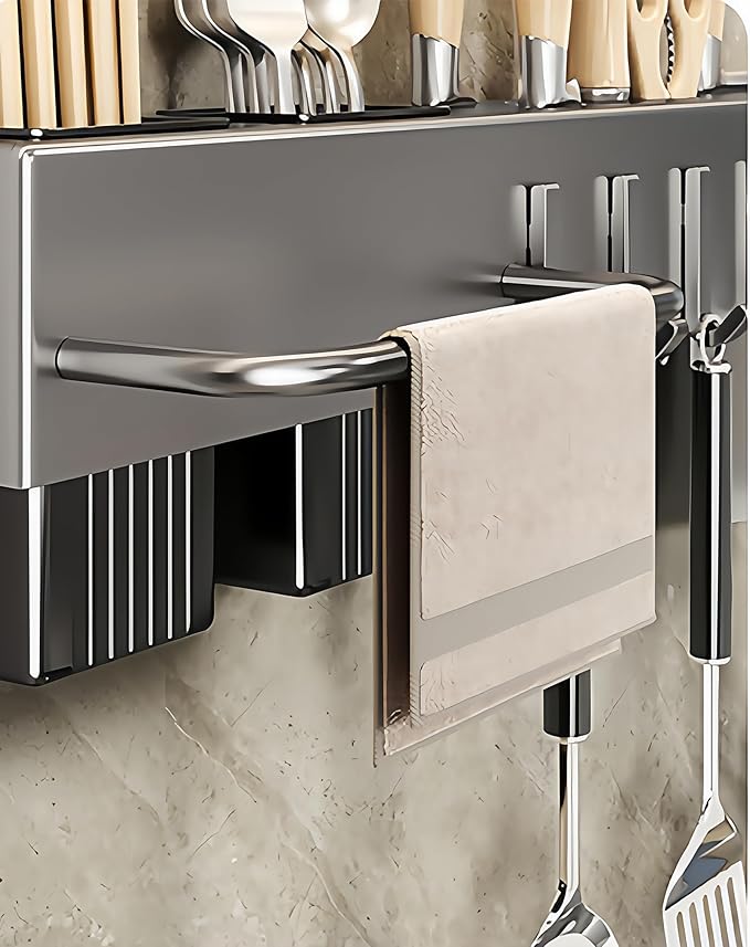 SEIDO Carbon Steel Utensil Rack – Space-Saving 20" L Kitchen Organizer with hooks & hanging bar, Gunmetal Gray Knife Holder, 2 Installation Options (Adhesive/Screwed)