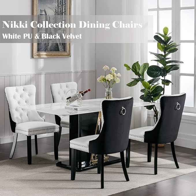 Dining Chairs Set of 6, Upholstered Dining Room Chairs with Back Ring Pull Trim and Solid Wood Legs, Modern Tufted Kitchen Chairs Perfect for Dining Room, White Pu Leather Splicing Black Velvet