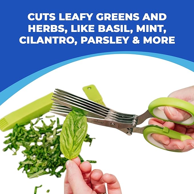 Jenaluca Herb Scissors with Five Blades - Two Pack - Herb Chopper with cleaning comb and safety cover