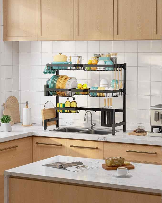 Over The Sink Dish Drying Rack - Adjustable 3 Tier XX-Large Capacity Stainless Steel Drainer with Cutlery & Utensil Holders, Kitchen Storage & Organization, 31.5"-39.5"L x 12"W x 30.5"H, Black