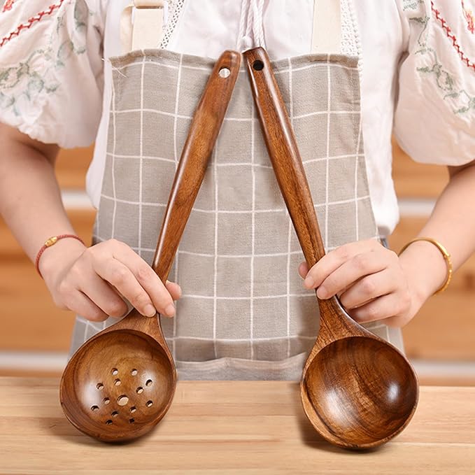 Large Wooden Spoons for Cooking, 2-Piece Premium Teak Wooden Utensils for Cooking, Heavy-Duty & Heat Resistant, 13.7"L x 3.7"W