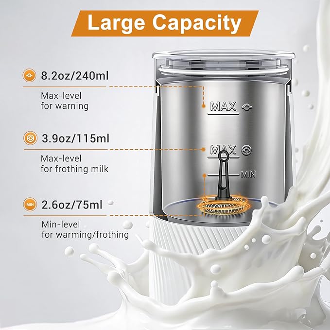Wowteam Milk Frother, 4-in-1 Electric Milk Steamer, Warm and Cold Milk Warmer and Foam Maker for Coffee, Latte, Cappuccinos, Macchiato, 8.2oz/240ml, Stainless Steel, White