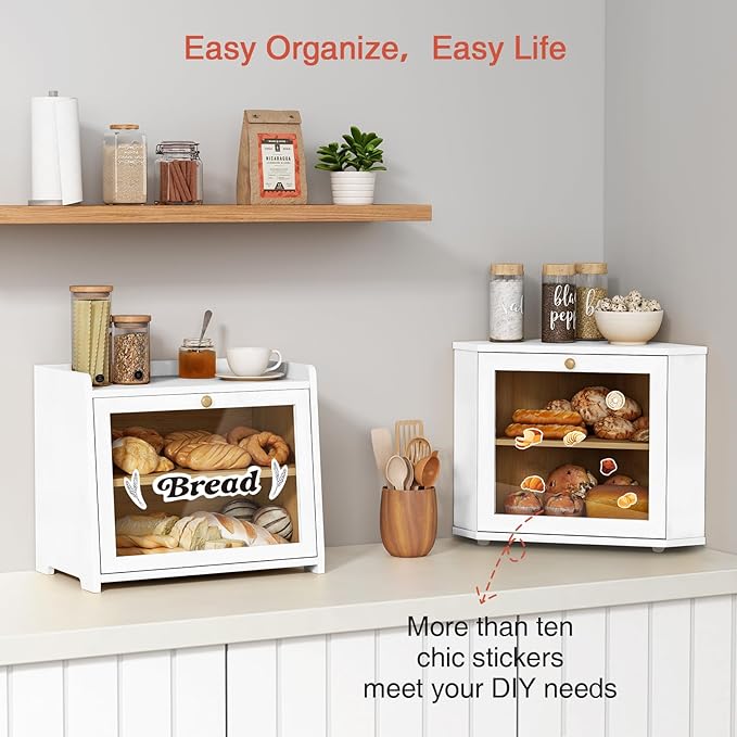Goozii White Corner Bread Box for Kitchen Countertop, 2 Tier Breadbox for Sourdough Loaf, Modern Bread Storage Container for Island Counter Top Organizer, Cabinet Cupboard Pantry Shelf (Bamboo Wood)