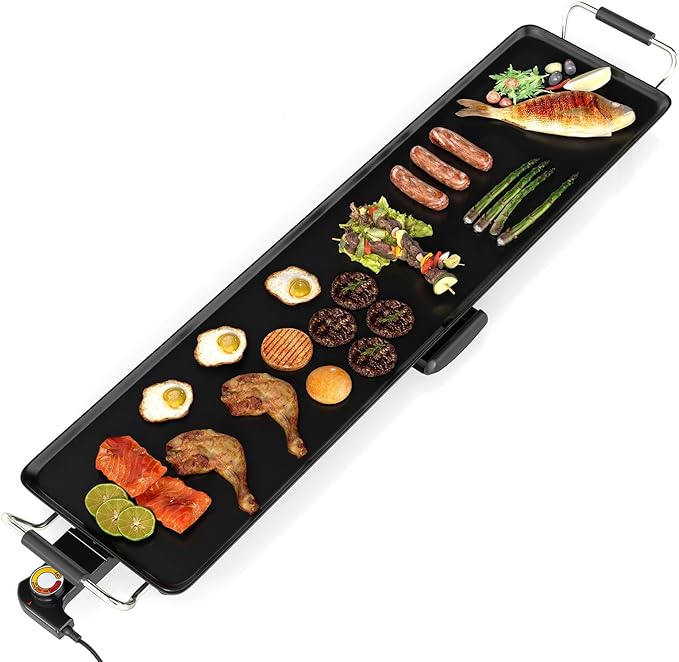 39.5” Electric Griddle, Nonstick Extra Large Teppanyaki Grill with Adjustable Temperature, Drip Pan & Insulated Handles, Easy-to-clean Pancake Griddle, BBQ Grill for Indoor & Party