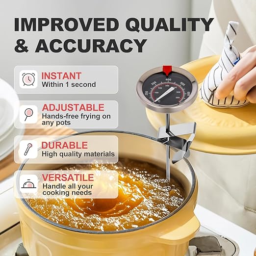 Glow-in-The-Dark Candy Thermometer Waterproof IP67-9" Deep Fry & Candy Thermometer with Pot Clip – High-Heat, Waterproof for Oil, BBQ, Candle Making，Black