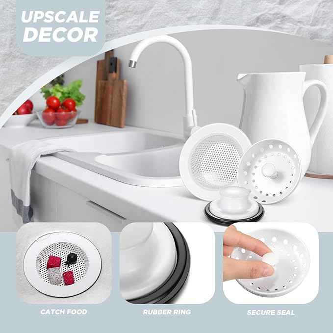 Mudder 3 Pcs Kitchen Sink Drain Strainer and Stopper Stainless Steel Garbage Disposal Plug with Handle Universal Anti-Clogging Kitchen Sink Filter Sieve Basket Strainer(Porcelain White)