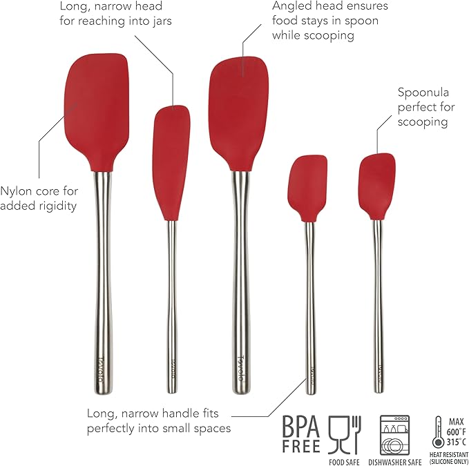 Tovolo Stainless Steel Handled Silicone Spatula Set of 5 Cayenne Red, Dishwasher Safe Kitchen Spatula Set for Cooking Baking, Non Toxic BPA Free Silicone Spatula set with Metal Steel Handle