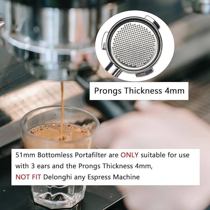 DFD 51mm Bottomless Portafilter Compatible with Gevi Espresso Machine, 51mm Portafilter 3 Ears with Prongs Thickness 4mm Fits for Yabano Included Portafilter Filter Basket Espresso Accessories, slive