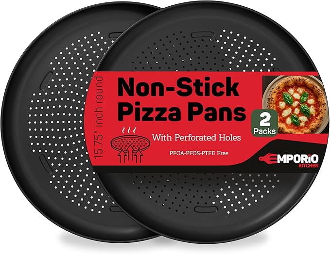 Emporio Kitchen Non-Stick Pizza Pan 2 Pack – 16 Inch Round Carbon Steel Pizza Tray with Perforated Holes, PFOAPFOSPTFE-Free, Dishwasher & Oven Safe Up To 450°F, Durable Nonstick Gray Coating
