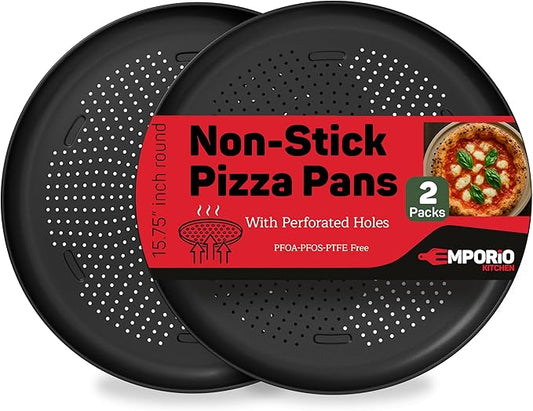 Emporio Kitchen Non-Stick Pizza Pan 2 Pack – 16 Inch Round Carbon Steel Pizza Tray with Perforated Holes, PFOAPFOSPTFE-Free, Dishwasher & Oven Safe Up To 450°F, Durable Nonstick Gray Coating