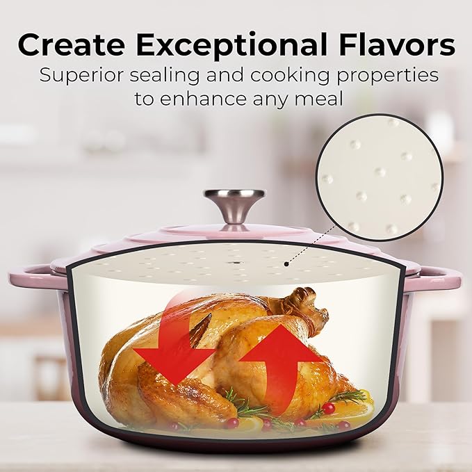 Zulay Kitchen 6 Quart Enameled Cast Iron Dutch Oven Pot with Lid – Premium Durability & Oven Safe up to 500°F – Heavy Duty Cookware Perfect for Bread Baking, Stews, Braising & Roasting - Pink