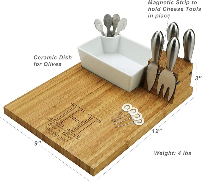 Custom Personalized Engraved Bamboo Cutting Board for Cheese & Charcuterie with Ceramic Dish, Knife Set, Cocktail Sticks & Cheese Markers -by Picnic at Ascot USA