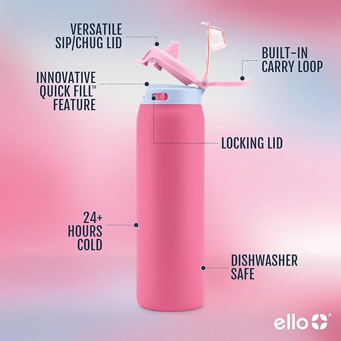 Ello Pop & Fill 40oz Stainless Steel Water Bottle with Quick Fill Technology, Double Walled and Vacuum Insulated Metal, Leak Proof Locking Lid, Sip and Chug, Reusable, BPA Free, Cherry Breeze