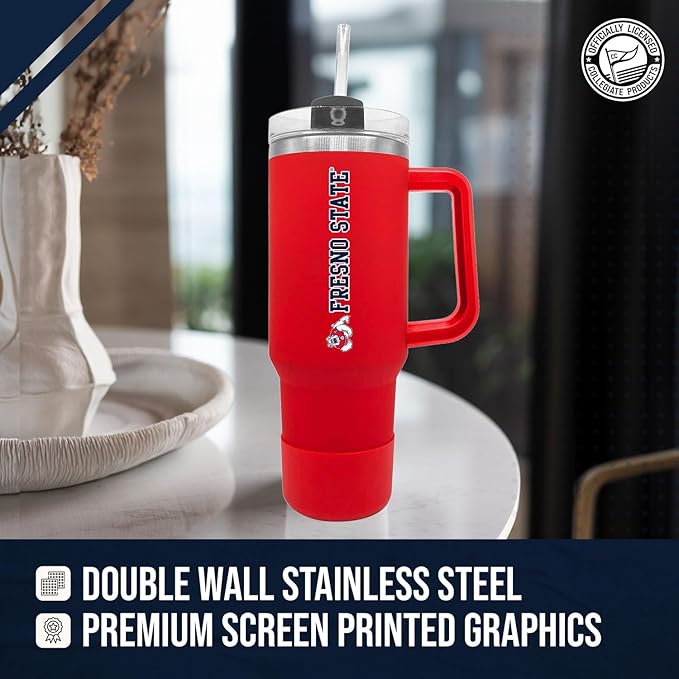 Campus Colors College & University 40 oz Travel Tumbler With Handle - Dual Option Lid With Straw - Vacuum Insulated Stainless Steel (Fresno State Bulldogs - Red)