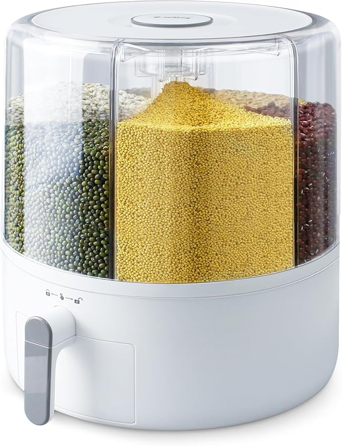 16lb Grain and Rice Storage Container, 6 Grid Rotating Dispenser, Airtight Rice Storage