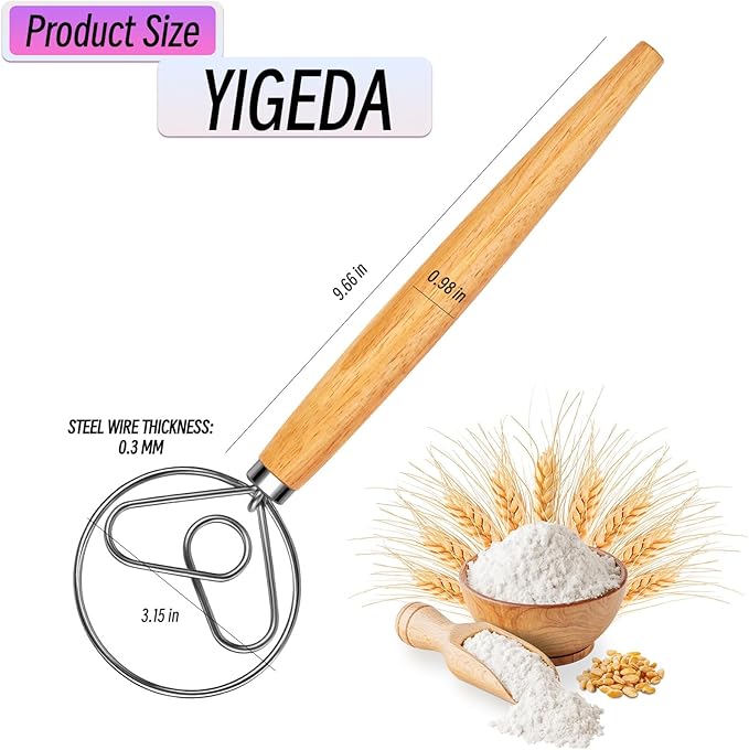 Danish Dough Whisk Stainless Steel Hook Dutch Style Bread Mixer with Wooden Handle for Sourdough Making Tools