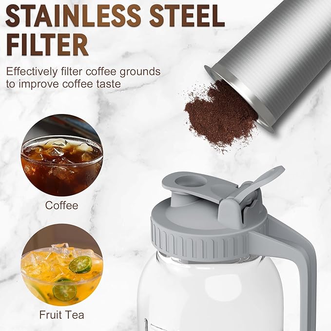 OneDream Cold Brew Coffee Maker - 2 Quart 64oz Stainless Steel Filter Cold Brew Pitcher Jar, No Leaks Cold Brew Mason Jar Coffee Maker, Easy to Clean Cold Coffee Maker