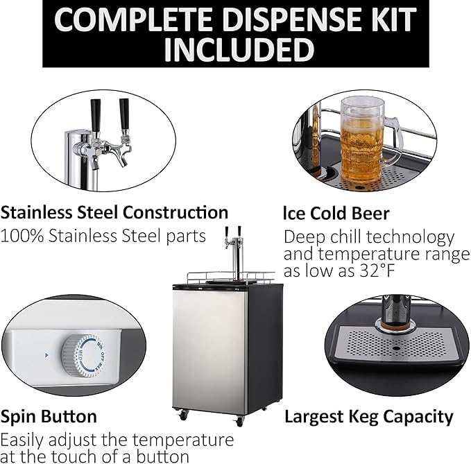 Kegerator and Keg Beer Cooler, Dual Tap Draft Beer Dispenser, Full Size Keg Refrigerator With Shelves, Stainless Steel, Drip Tray & Rail，silver