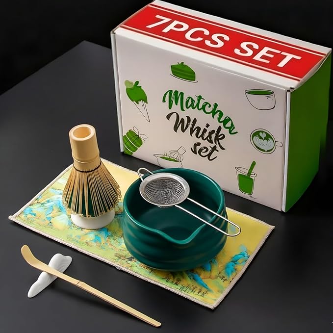 7PCS Ceramic Matcha Whisk Set - Traditional Japanese Tea Set Includes Matcha Bowl with Spout, Holder, Bamboo Whisk, Bamboo Scoop with Rest, Sifter with Tea Towel - Perfect Kit for Matcha Lovers