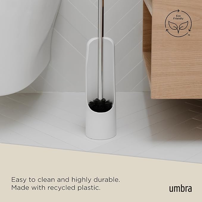 Umbra Touch Toilet Brush with Holder/Stand – Durable, Slim Cleaning Tool with Dense Bristles – Removes Stubborn Stains, White