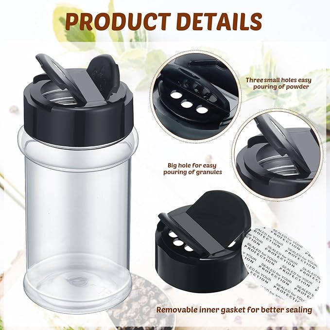 Jadive 36 Pcs 5.5 oz Plastic Spice Jars with Shaker Lids Clear Spice Bottles Plastic Seasoning Containers Empty Shaker for Kitchen Storing Herbs Seasoning Powders Pepper Dry Goods (Black)