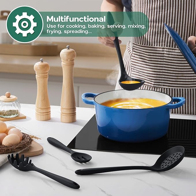 Onader Cooking Utensils Set of 6, Black Silicone Kitchen Cooking Utensils Set for Nonstick Cookware, Non Toxic & Dishwasher Safe
